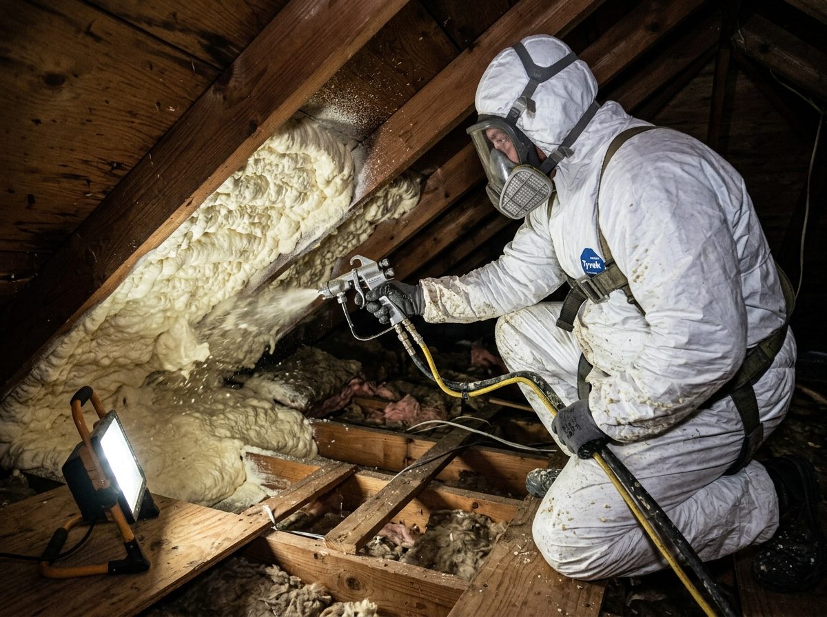 Open wall framing insulated with spray foam on a Cedar City new-construction home